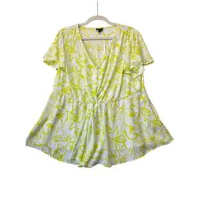 Torrid Womens 0 Neon Yellow White Abstract Floral Surplice Peplum Blouse Top